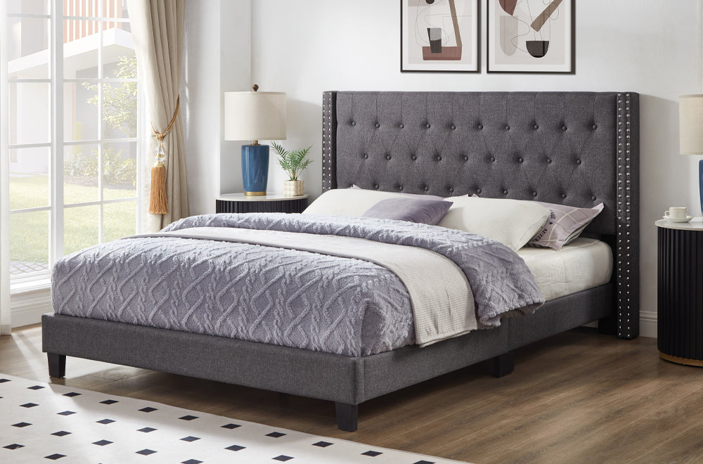 Premium Tufted Platform Bed with Nailhead Trim – Black Velvet or Grey Linen (T-2109)