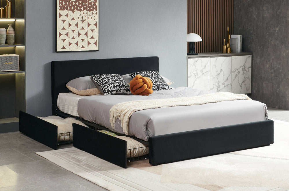 Modern Velvet Storage Bed – Grey or Black (T-2128)