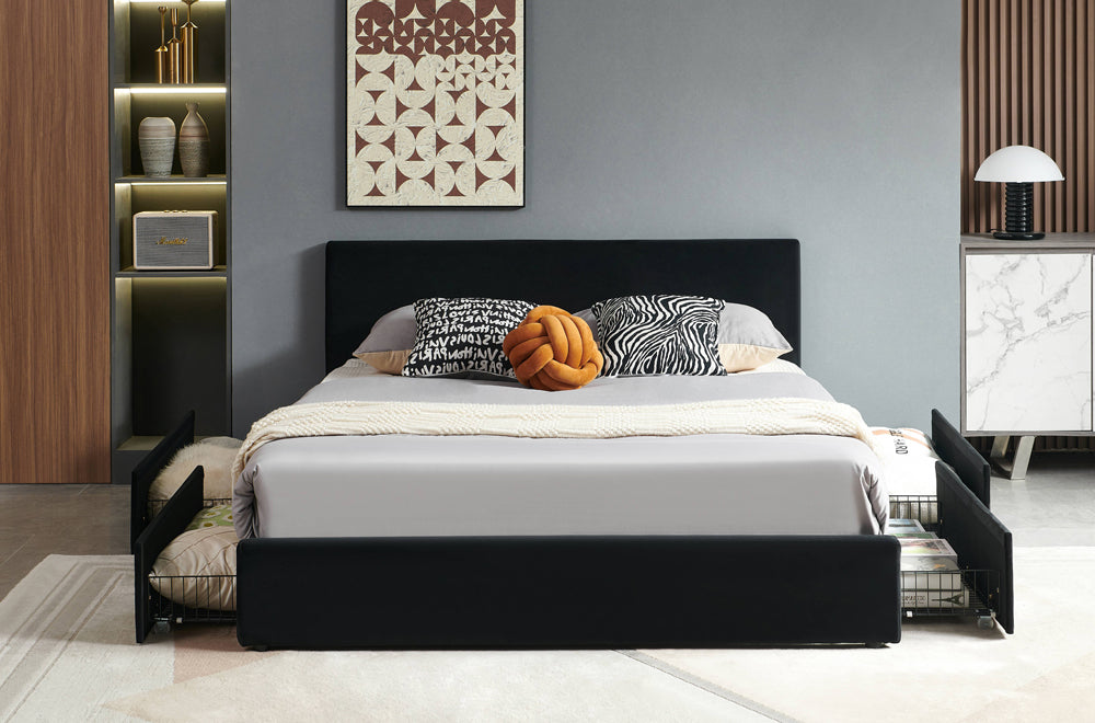 Modern Velvet Storage Bed – Grey or Black (T-2128)