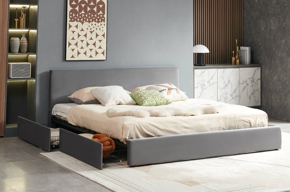 Modern Velvet Storage Bed – Grey or Black (T-2128)