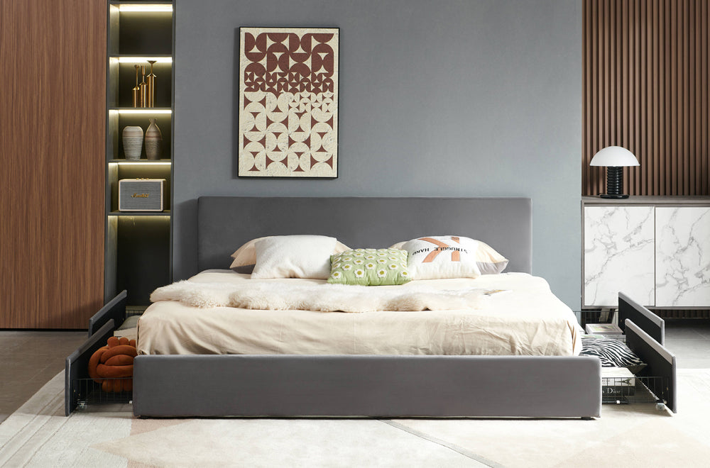Modern Velvet Storage Bed – Grey or Black (T-2128)